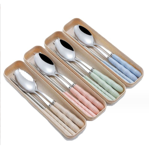 Bộ thìa dĩa đũa pastel có gân BTDD6a có hộp đựng văn phòng du lịch dã ngoại