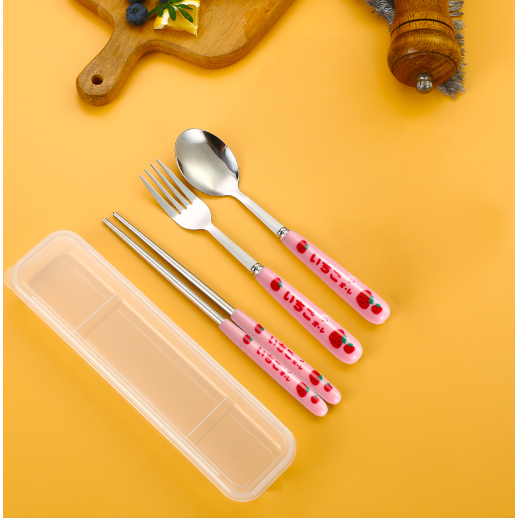 Bộ thìa dĩa đũa dâu tây BTDD3a có hộp đựng văn phòng du lịch dã ngoại