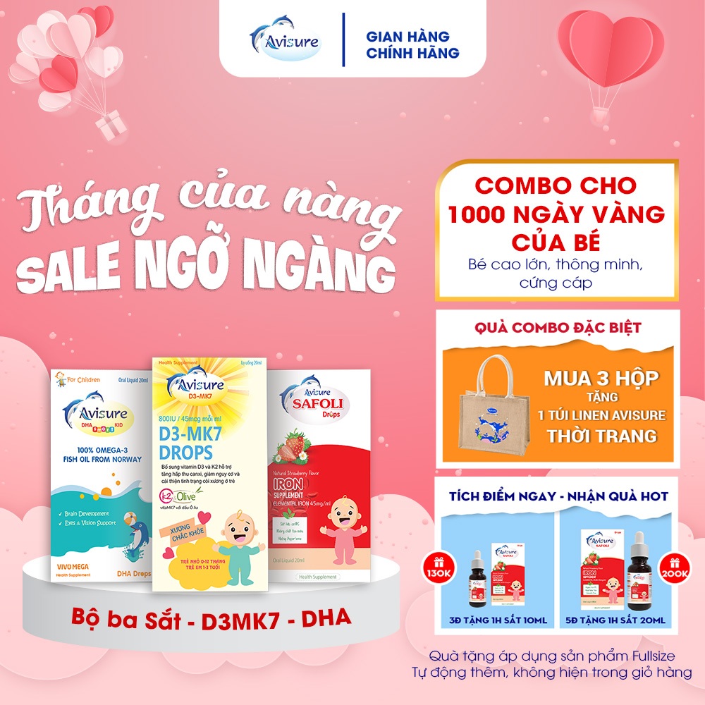 Tích điểm - Bộ ba Avisure D3MK7, DHA, Safoli Drop bổ sung D3, DHA, Sắt tinh khiết, tự nhiên cho bé