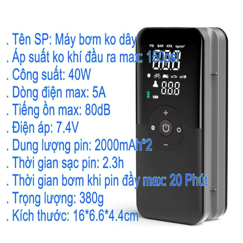 Máy bơm hơi đa năng mini không dây dùng pin Carsun C3106 - Bơm điện tử thông minh đo áp suất lốp ô tô và xe máy