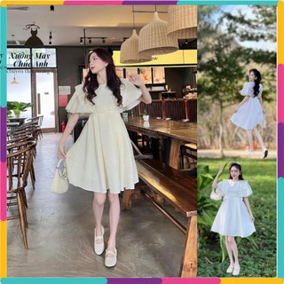 Đầm nữ, váy gấm xốp bánh bèo cổ vuông màu trắng dễ thương đi dự tiệc, đi chơi V01 -xuongmaypijamachucanh