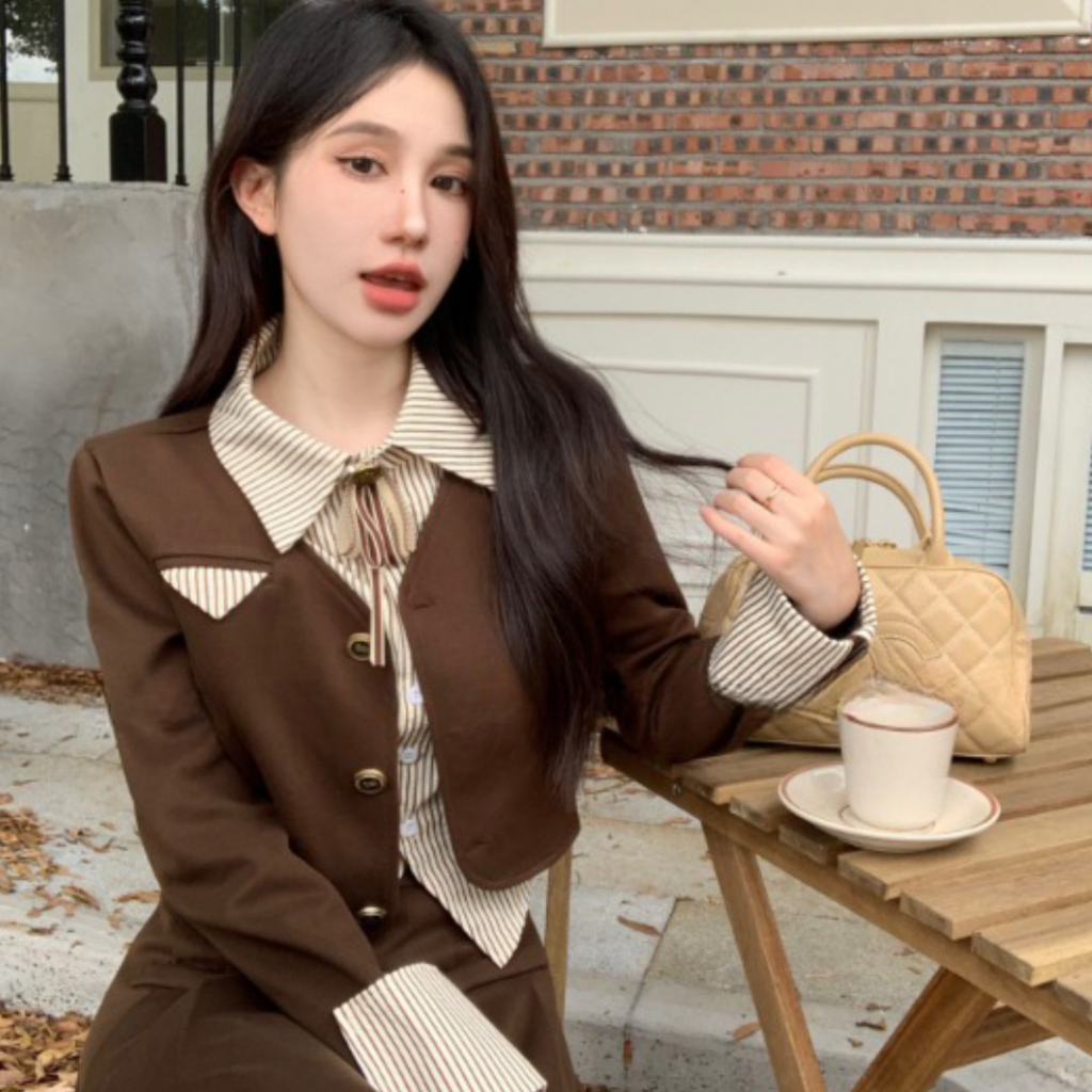 Sét đồ nữ PHUONGMOON, áo phối sơ mi mix chân váy xòe dài