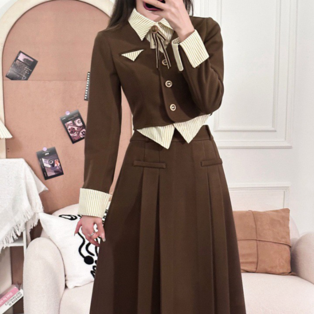 Sét đồ nữ PHUONGMOON, áo phối sơ mi mix chân váy xòe dài