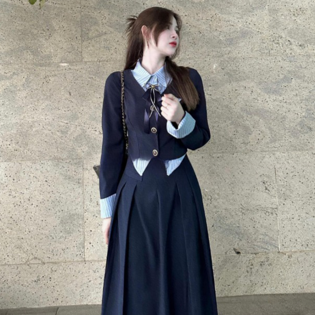 Sét đồ nữ PHUONGMOON, áo phối sơ mi mix chân váy xòe dài