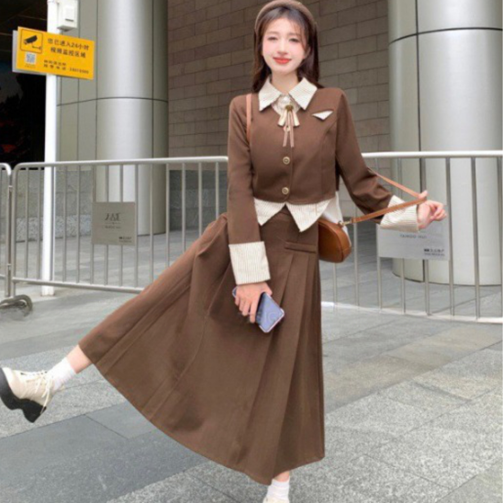 Sét đồ nữ PHUONGMOON, áo phối sơ mi mix chân váy xòe dài