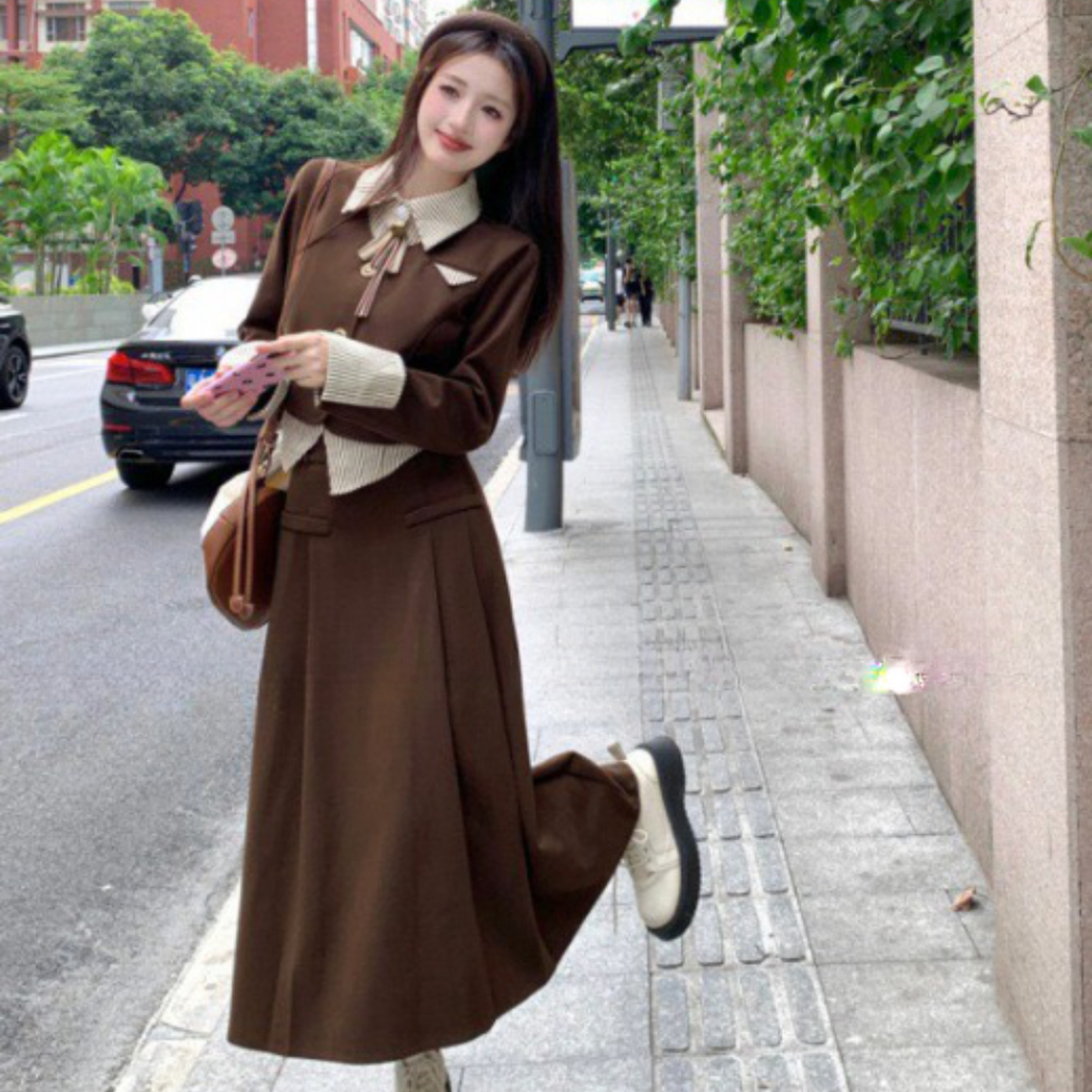 Sét đồ nữ PHUONGMOON, áo phối sơ mi mix chân váy xòe dài