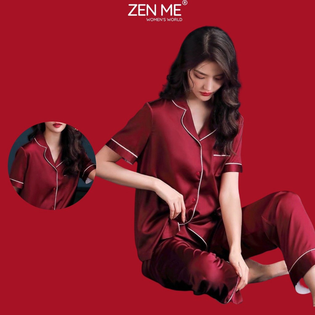 Đồ ngủ lụa latin nữ pijama form rộng Zenme, Bộ mặc nhà vải trơn tay ngắn quần dài thoáng mát, mềm mịn PJD0322