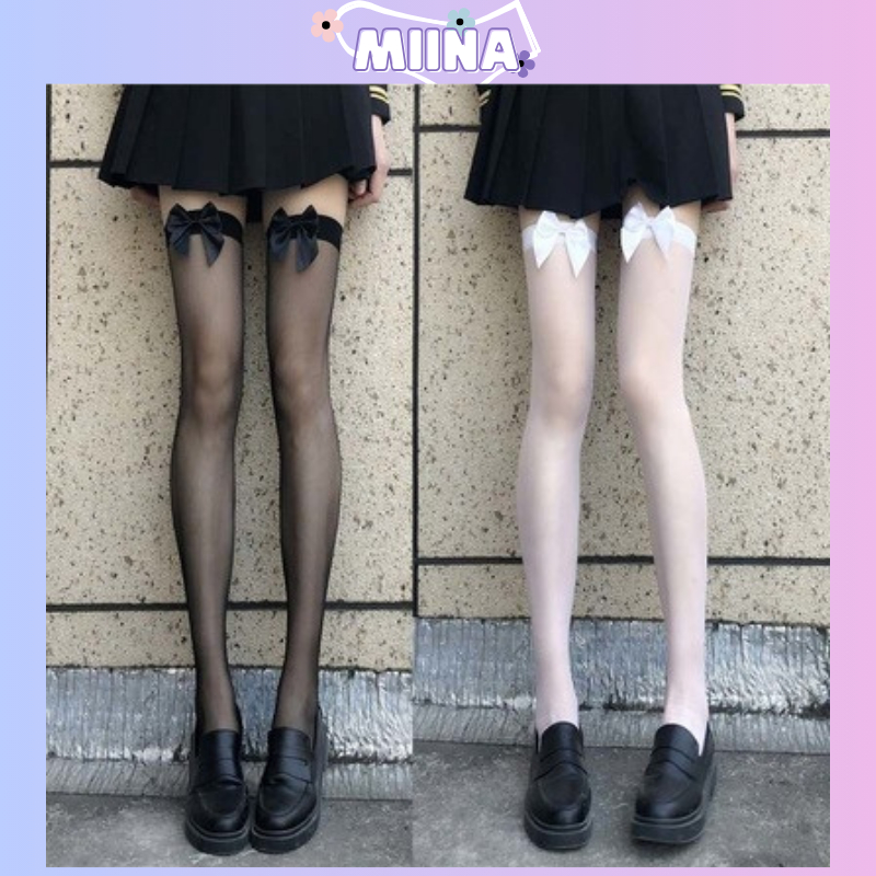 Tất da nữ lolita vớ bắp đùi JK voan mỏng mùa hè mềm mại đính nơ phong cách học sinh Nhật Bản T064