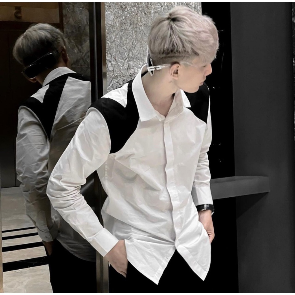 Áo sơ mi, áo sơ mi nam dài tay MCQ vải thô thêu vạch đen hai vai phong cách boy phố lịch lãm