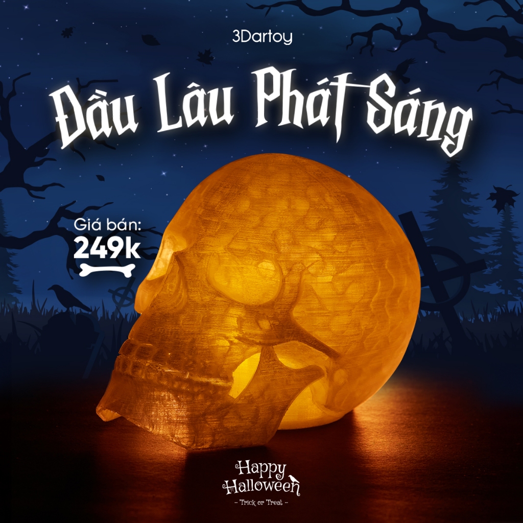 Đèn phát sáng Halloween hình đầu lâu to 16x11cm trang trí