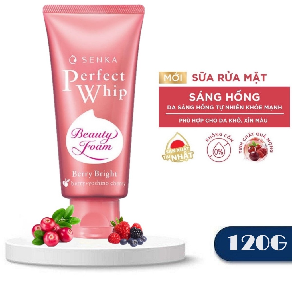 Sữa Rửa Mặt Senka Perfect Whip Beauty  Foam Berry Bright 120g Tinh Chất Quả Mọng Sạch Sâu Sáng Hồng Ngừa Lão Hóa
