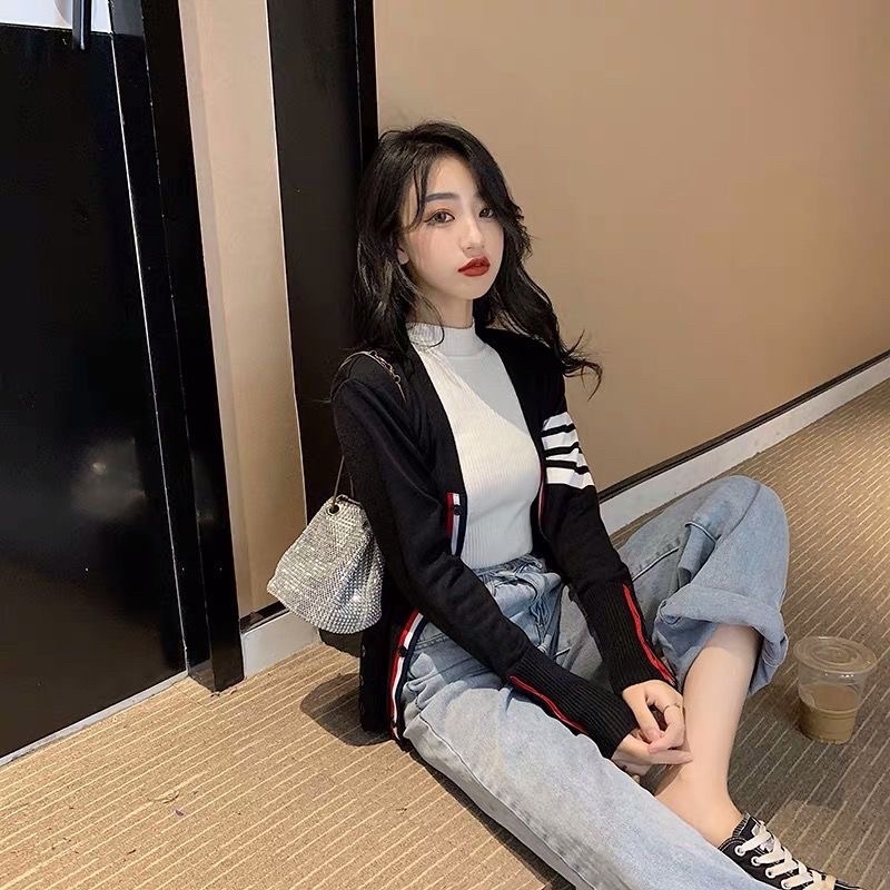 Áo khoác cardigan Thom brown len dệt kim cho nữ, áo khoác thu đông phối sọc kẻ tay 2023 | BigBuy360 - bigbuy360.vn