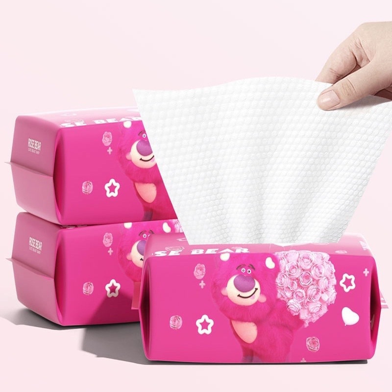 Khăn giấy gấu dâu Lotso chất liệu cotton dày dùng lau mặt, tẩy trang đa năng du lịch
