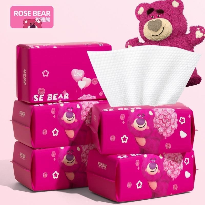 Khăn giấy gấu dâu Lotso chất liệu cotton dày dùng lau mặt, tẩy trang đa năng du lịch