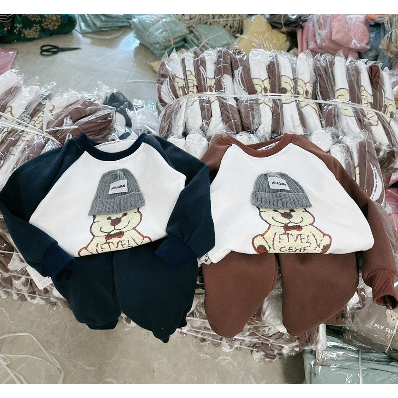 Bộ Nỉ Bông Cho Bé Trai, Bé Gái Cao Cấp Loại 1 BABYKIDS BB21  Bộ Quần Áo Nỉ Bông Thu Đông Con Gấu Cho Bé