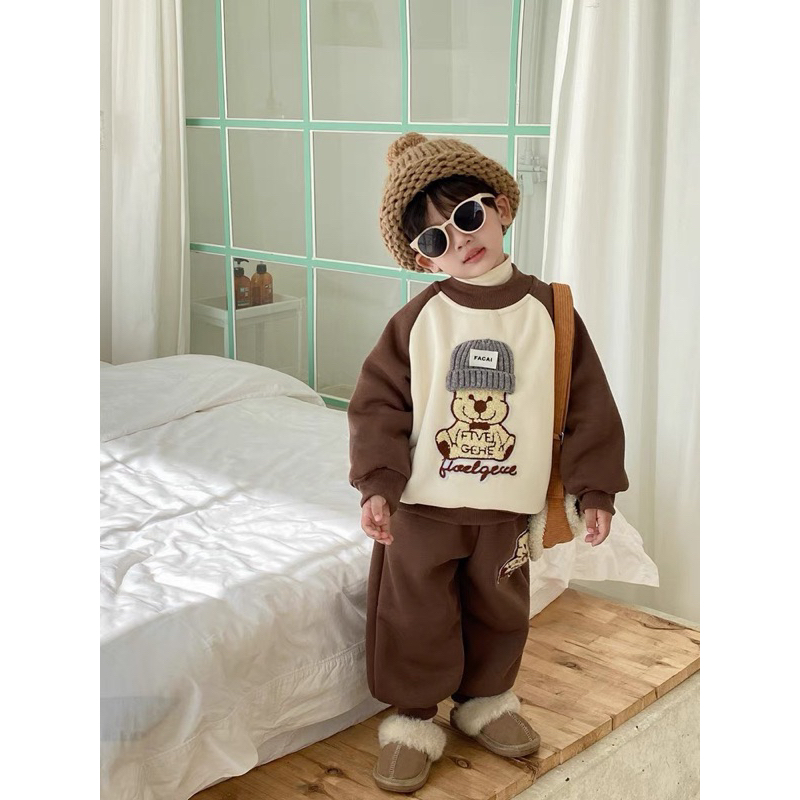Bộ Nỉ Bông Cho Bé Trai, Bé Gái Cao Cấp Loại 1 BABYKIDS BB21  Bộ Quần Áo Nỉ Bông Thu Đông Con Gấu Cho Bé