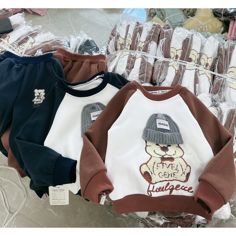 Bộ Nỉ Bông Cho Bé Trai, Bé Gái Cao Cấp Loại 1 BABYKIDS BB21  Bộ Quần Áo Nỉ Bông Thu Đông Con Gấu Cho Bé