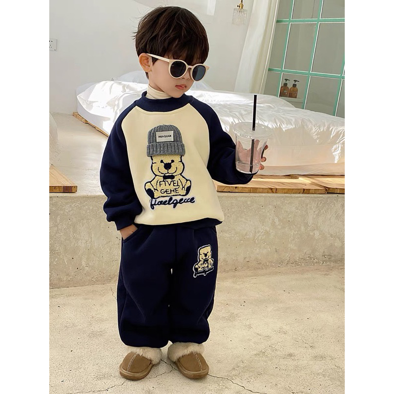 Bộ Nỉ Bông Cho Bé Trai, Bé Gái Cao Cấp Loại 1 BABYKIDS BB21  Bộ Quần Áo Nỉ Bông Thu Đông Con Gấu Cho Bé