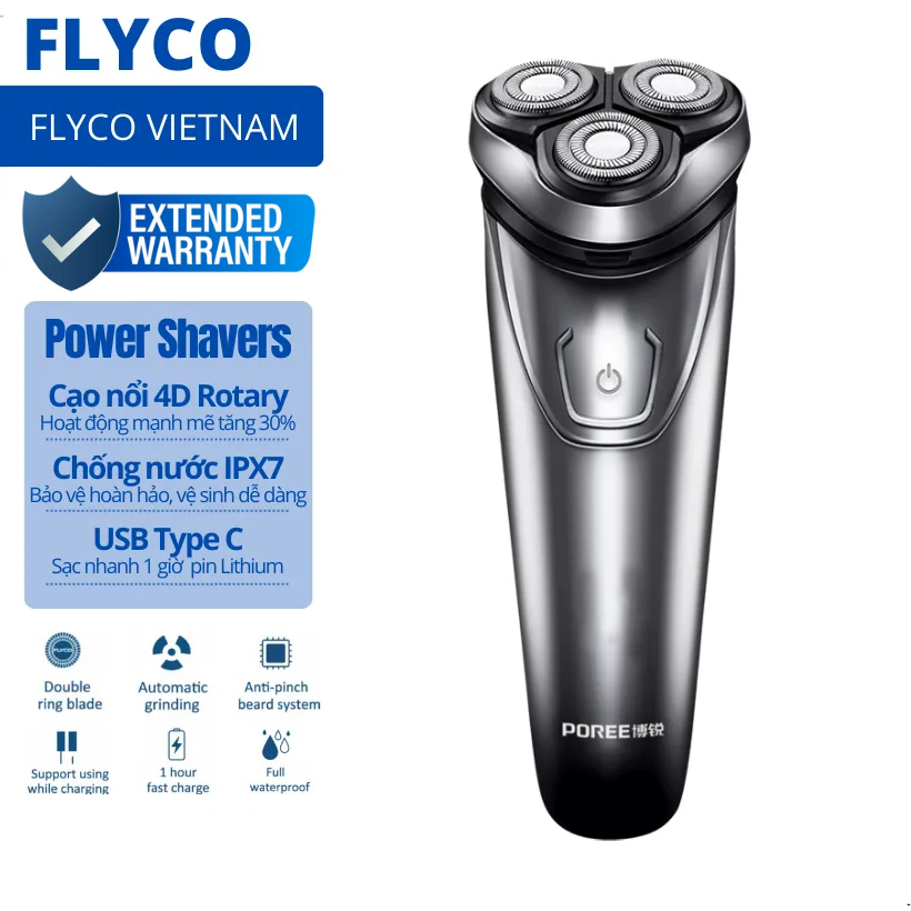 Flyco Máy Cạo Râu Nam Lưỡi Dao 3 Đầu Cạo Khô và Ướt Đa Năng IPX67 Chống Nước PS165 PS163 Poree  - tăng tông đơ cắt tóc