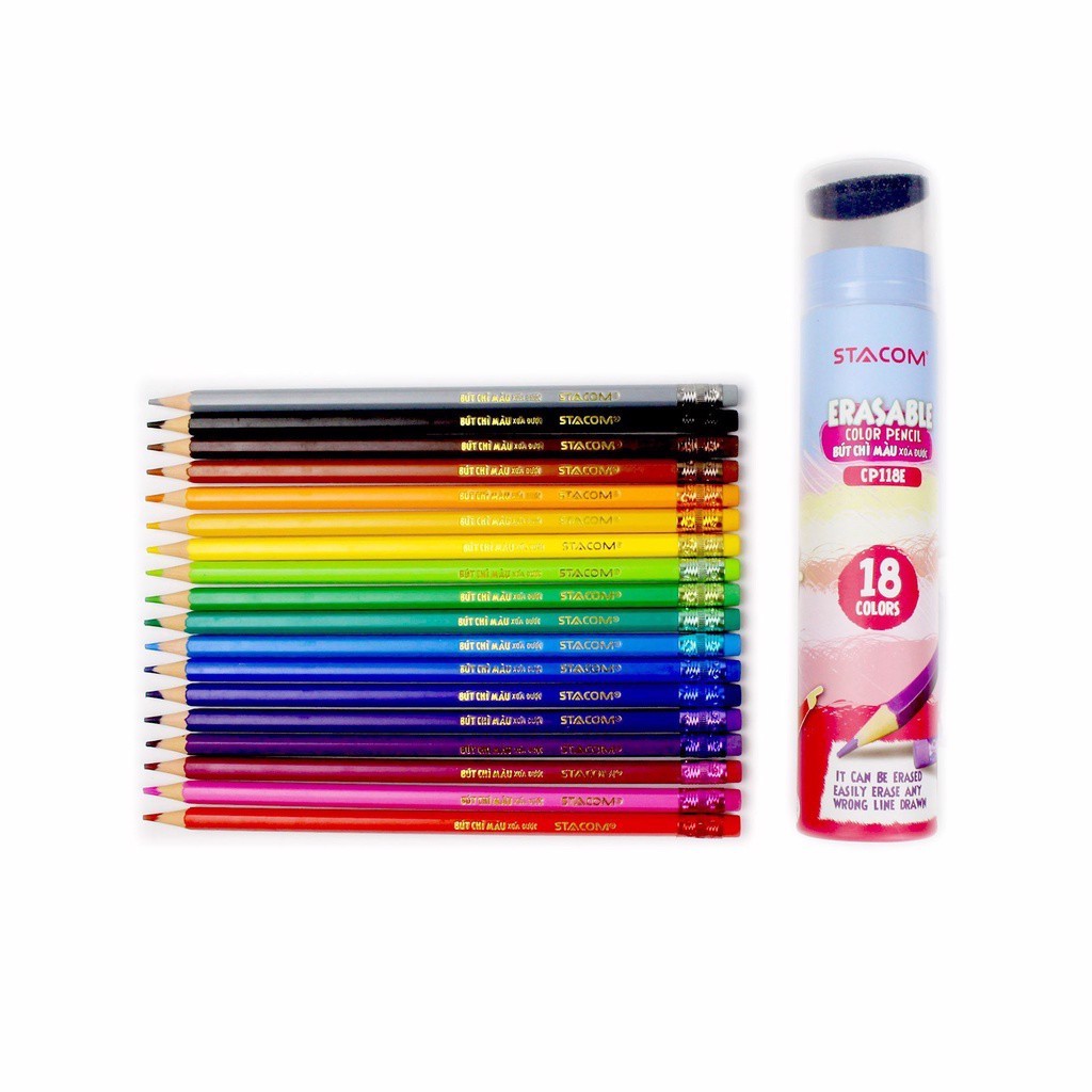 Bút chì màu gỗ xóa được stacom lon 12,18,24 màu