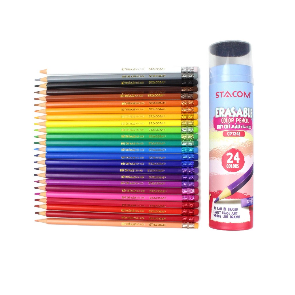 Bút chì màu gỗ xóa được stacom lon 12,18,24 màu