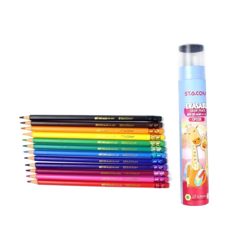 Bút chì màu gỗ xóa được stacom lon 12,18,24 màu