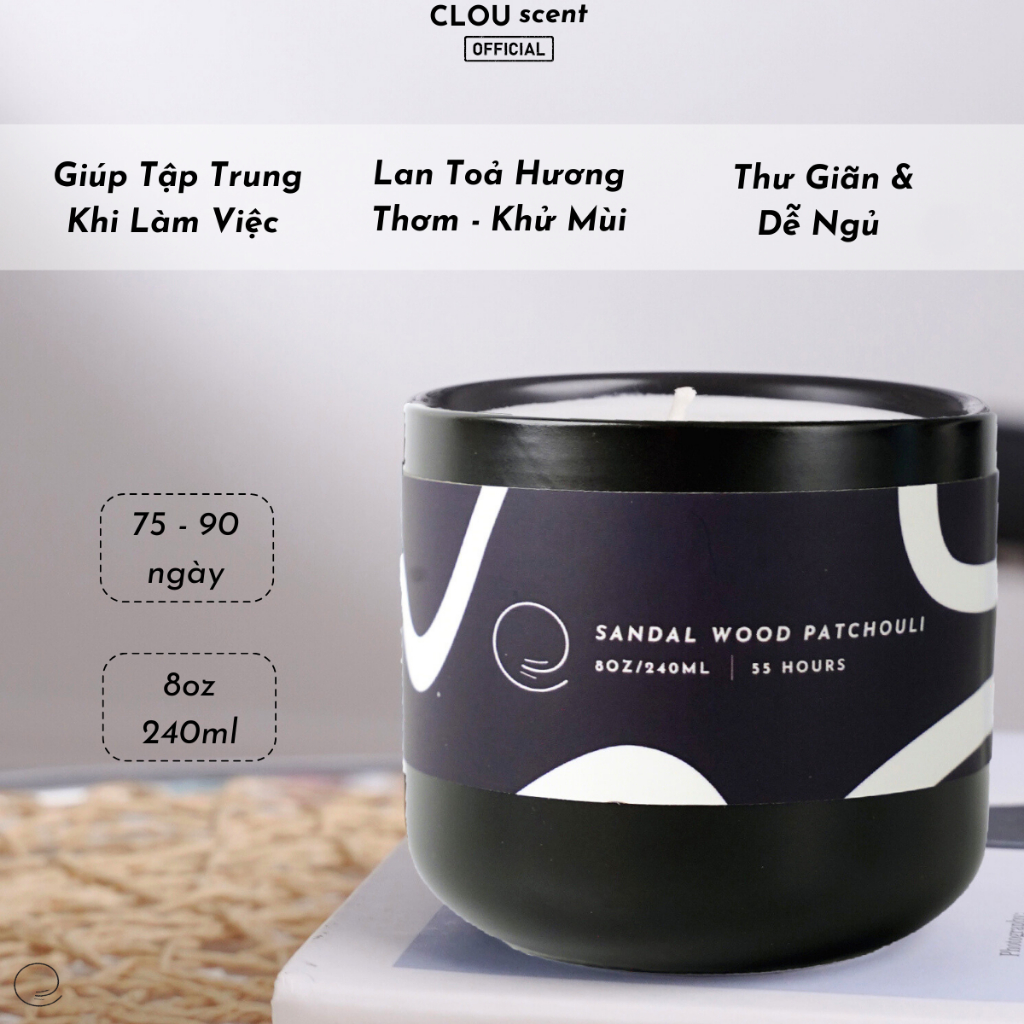 Nến Thơm Cao Cấp Sandalwood Patchouli - CLOU scent -  Size 120ml/240ml - Quà Tặng, Trang Trí, Thơm Phòng, Sáp Thơm