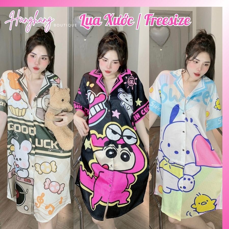 Đầm váy ngủ sơ mi lụa xước dễ thương dáng rộng bigsize 50-75kg, váy ngủ lụa cute đầm bầu mặc nhà xinh giá rẻ