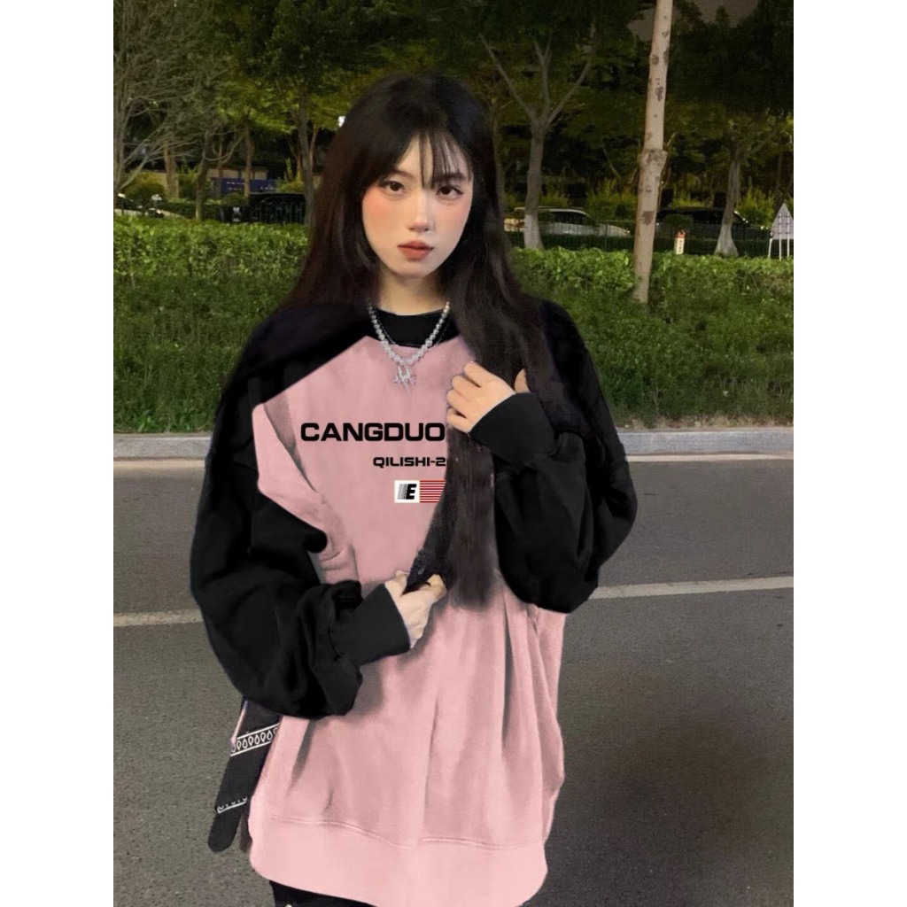 Áo nỉ phối màu,áo sweater cổ tròn dài tay màu hồng CANGDUA form rộng Unisex phong cách Ulzzang
