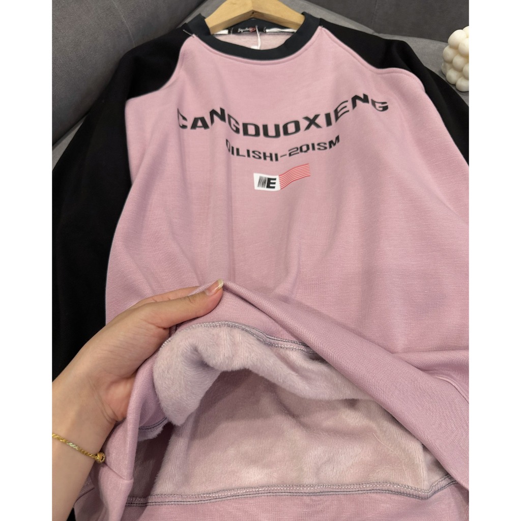 Áo nỉ phối màu,áo sweater cổ tròn dài tay màu hồng CANGDUA form rộng Unisex phong cách Ulzzang