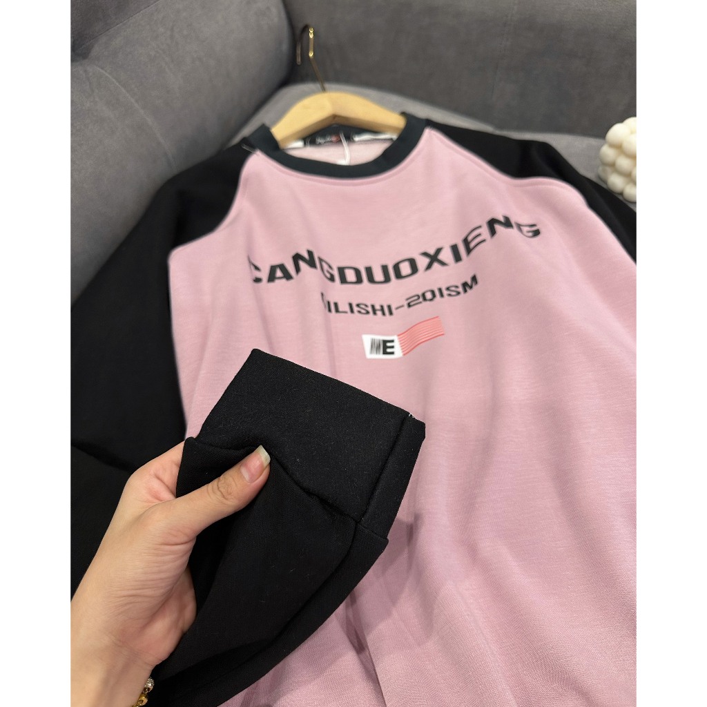 Áo nỉ phối màu,áo sweater cổ tròn dài tay màu hồng CANGDUA form rộng Unisex phong cách Ulzzang