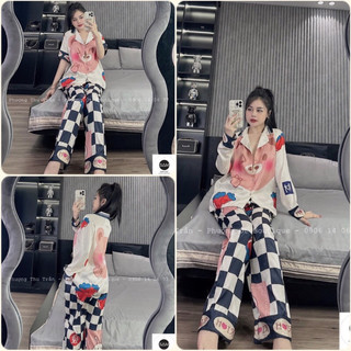 Đồ bộ Pyjama nữ in 5D Mặt gấu nâu lụa gấm xước Sam cao cấp