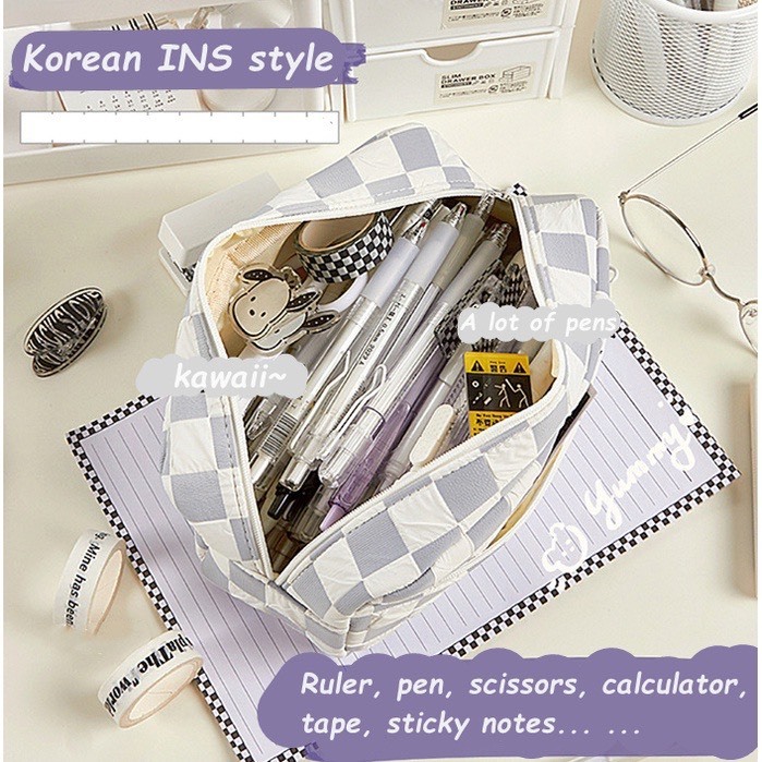 Túi đựng bút, đựng mĩ phẩm Happy Lucky kẻ caro - OPTUSBAG