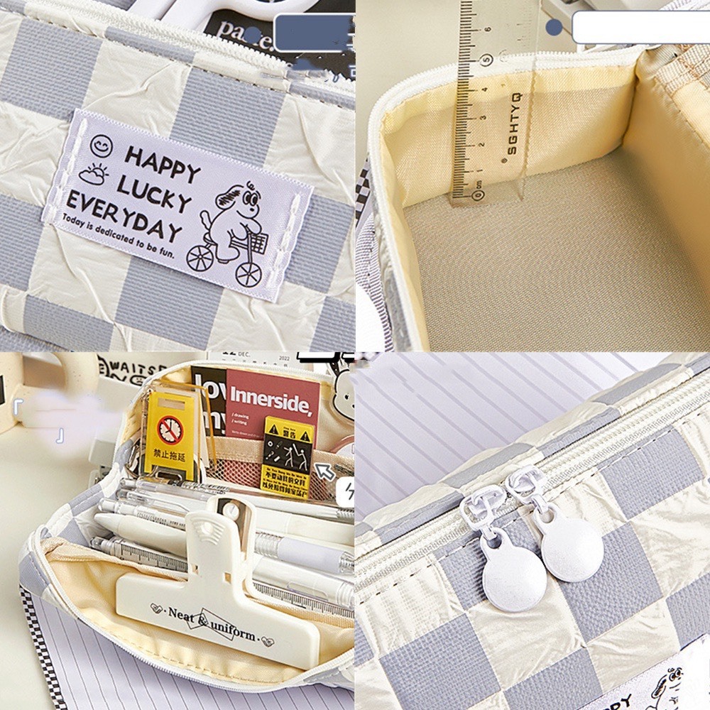 Túi đựng bút, đựng mĩ phẩm Happy Lucky kẻ caro - OPTUSBAG