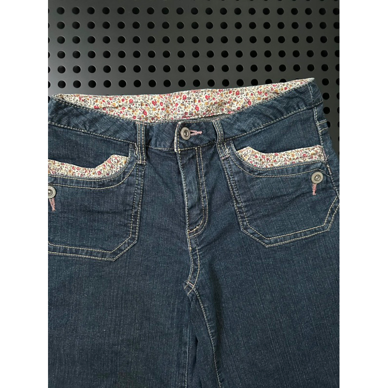 Quần ngố jean lửng phối hoa nhí vintage co giãn 2hand