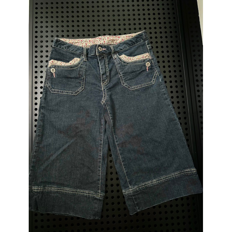 Quần ngố jean lửng phối hoa nhí vintage co giãn 2hand
