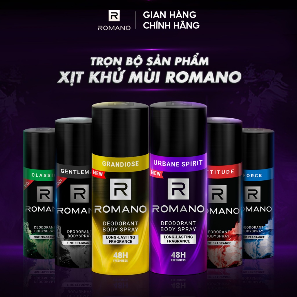 [MÙI HƯƠNG MỚI] Combo 2 Xịt toàn thân ngăn mồ hôi và mùi cơ thể Romano 150ml/chai - 6 Mùi Hương Có Sẵn