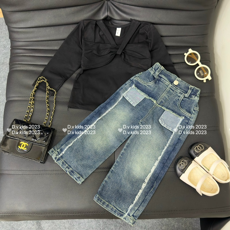 Set áo dài tay kèm quần bò cho bé gái