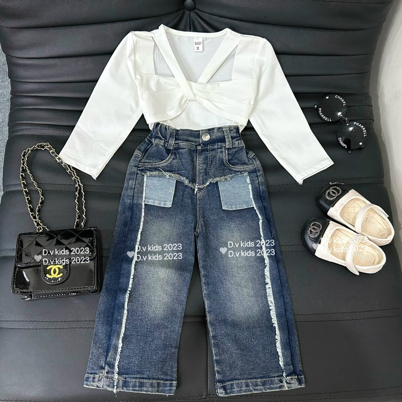 Set áo dài tay kèm quần bò cho bé gái