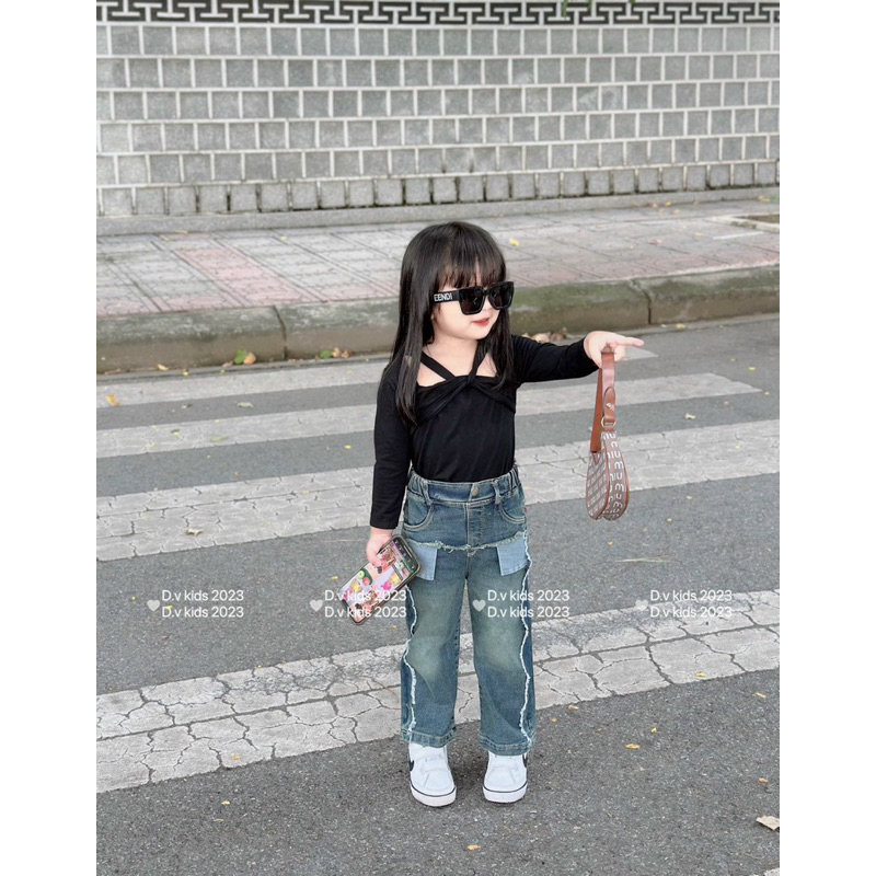 Set áo dài tay kèm quần bò cho bé gái