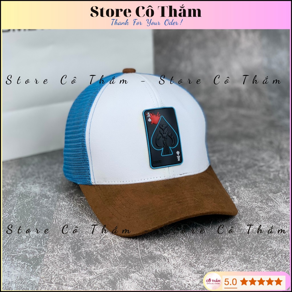 Nón kết MỎ DA BÒ NAM NỮ, mũ lưỡi trai LÁ BÀI CON ÁCH phối lưới xanh dương thời trang - STORE CÔ THẮM