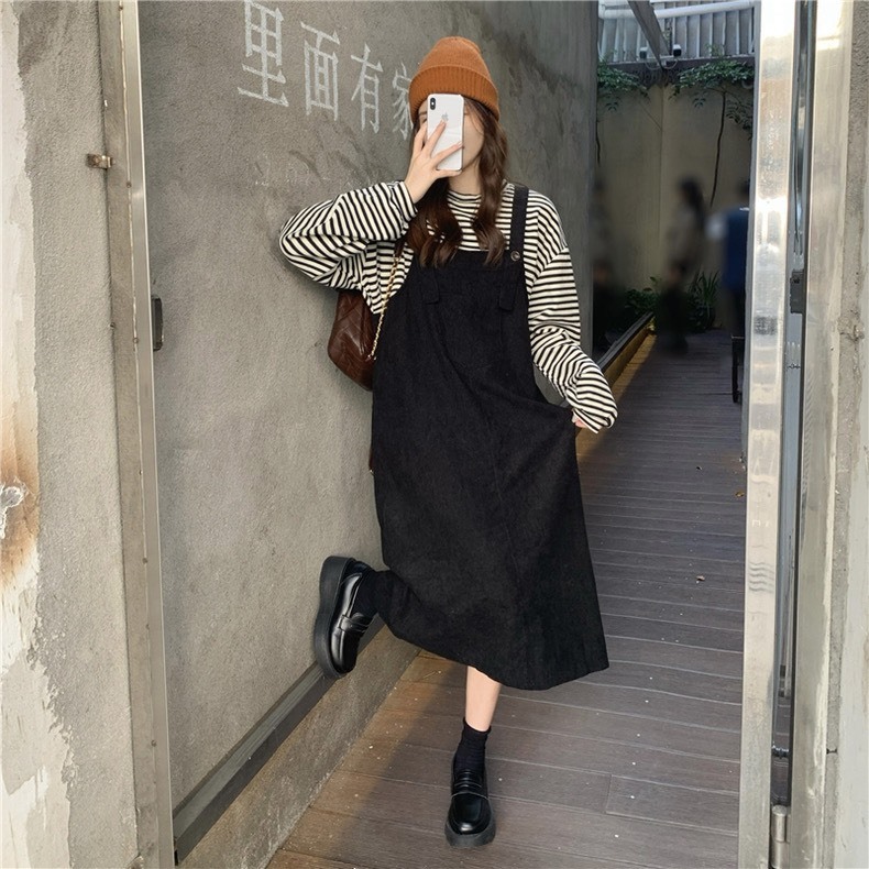 SET ÁO SỌC TAY DÀI PHỒNG FORM RỘNG + ĐẦM YẾM ĐEN SUÔNG 2 DÂY