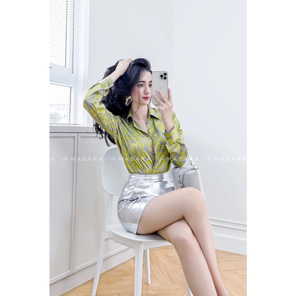 Áo sơ mi lụa họa tiết dài tay cao cấp công sở đốm xanh nền ghi dáng cơ bản, áo sơ mi thiết kế MQ Boutique