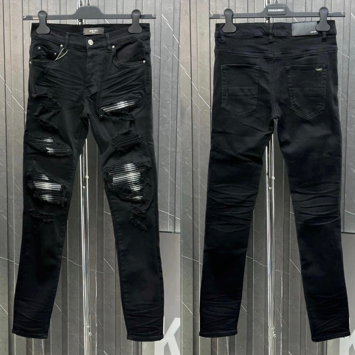 Quần JEAN Nam 4 Khuy Amiri Đen Vá Gối Kim Tuyến Quần Skinny Jean Nam Rách Gối Da Đen Vá Gối Họa Tiết Hot