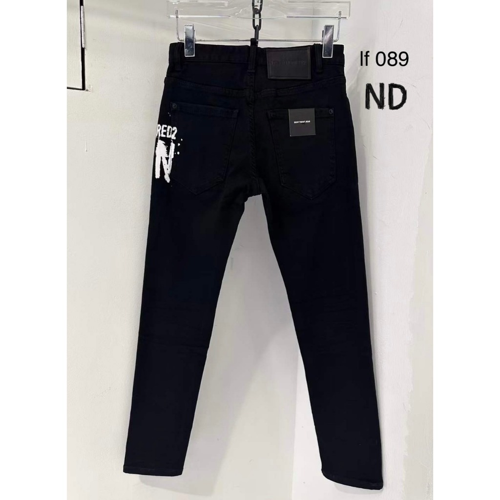Quần jean bò nam Dsq2 đen trơn in chữ ICON trắng ngang đùi dáng slimfit đơn giản đi học boy phố