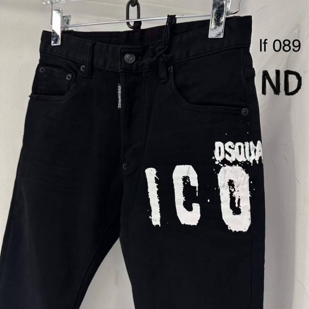 Quần jean bò nam Dsq2 đen trơn in chữ ICON trắng ngang đùi dáng slimfit đơn giản đi học boy phố