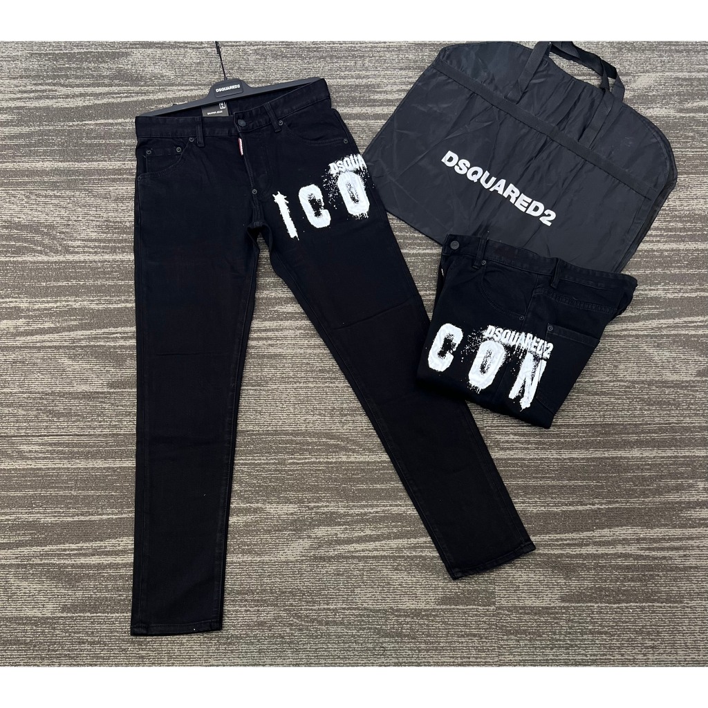 Quần jean bò nam Dsq2 đen trơn in chữ ICON trắng ngang đùi dáng slimfit đơn giản đi học boy phố