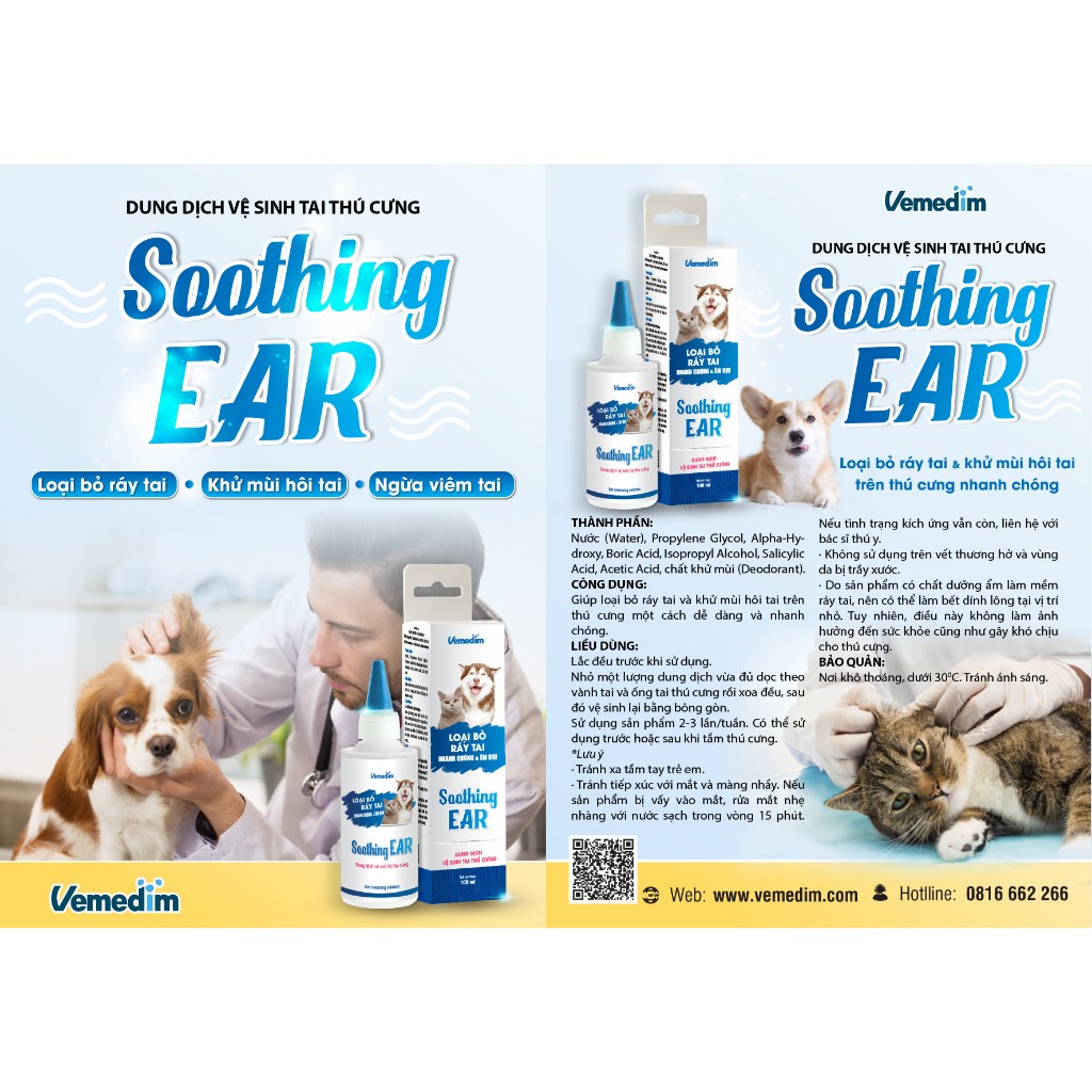Dung dịch vệ sinh tai chó mèo Vemedim SOOTHING EAR loại bỏ ráy tai và mùi hôi trên tai - Tuýp 100ml | phinthecat
