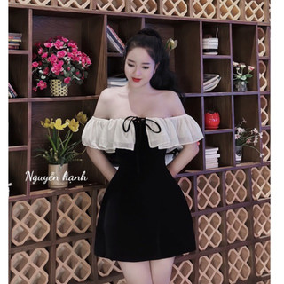 Đầm Dạ Dự Tiệc Cao Cấp Trễ Vai Nơ Sang Chảnh V201, Váy Thiết Kế Phối Tơ Bánh Bèo Tiểu Thư Đi Tiệc Có Sẵn Lekemqc