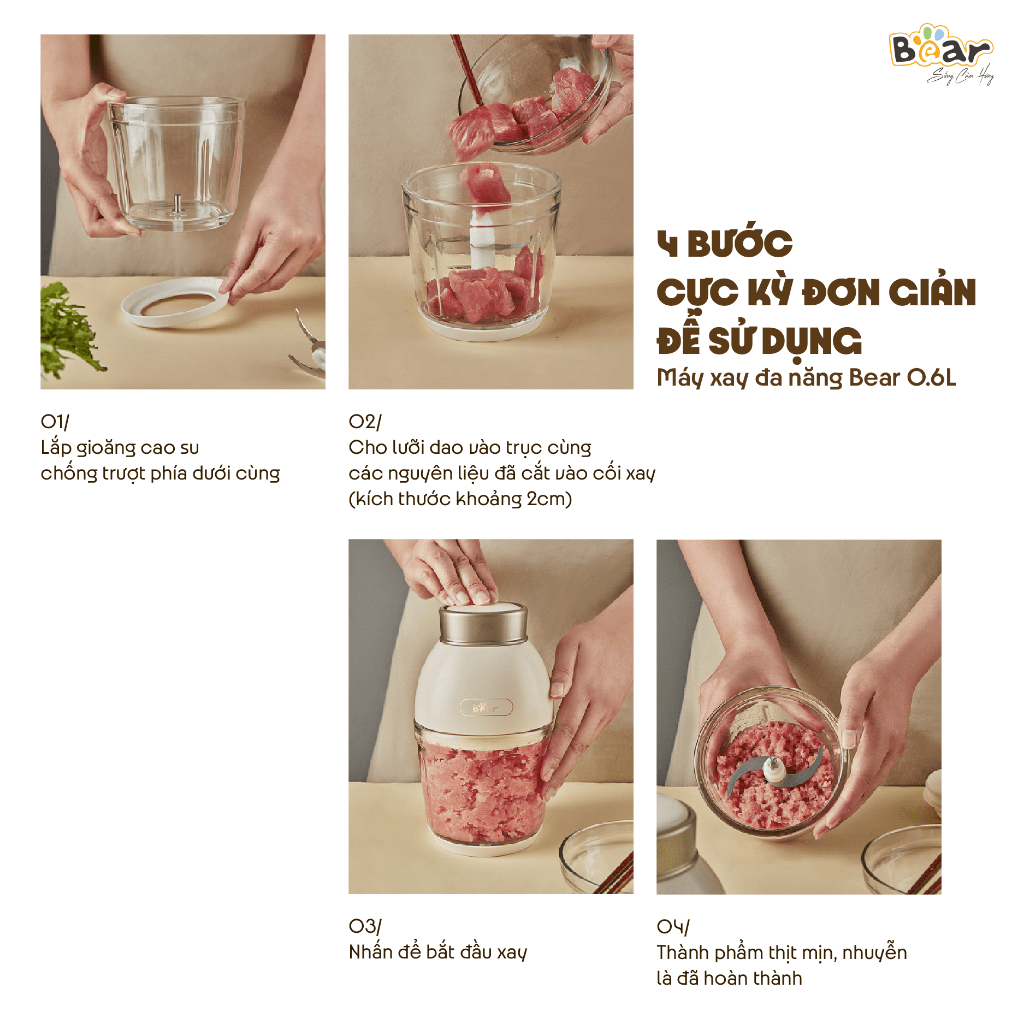 Máy xay ăn dặm cho bé KidsWorld Bear QSJ D02Q1 dung tích 600ml công suất 200W, đa năng 6 lưỡi dao và cối thủy tinh